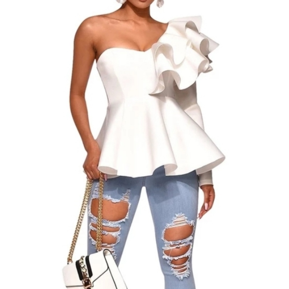 White Peplum Ruffles Top - Picture 1 of 4